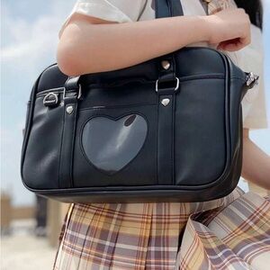 Black Leather Shoulder Bag with Heart Design
